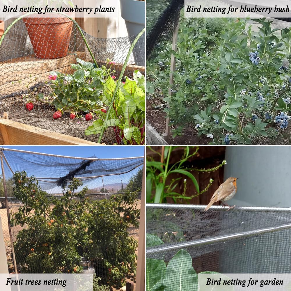 Junflying Bird Netting, 20x30 FT – 1/2" Mesh, Woven Black Netting for Garden Protection with Ties, Protects Vegetables, Fruit Trees, Blueberry Bushes & Strawberry Plants