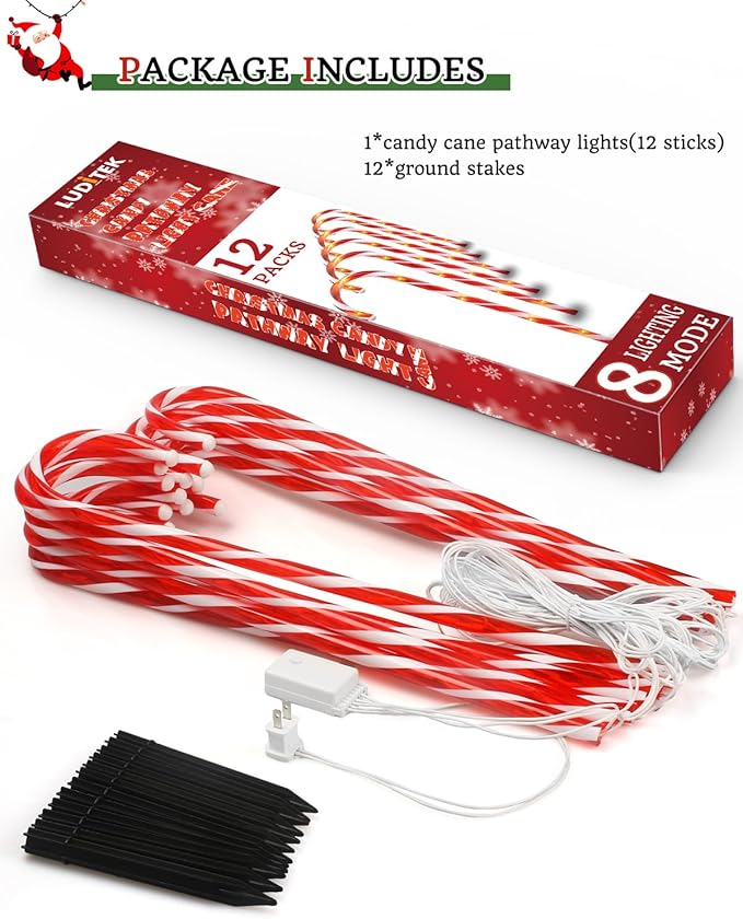 Luditek 24.5 inch Christmas Candy Cane Pathway Markers Set of 12 Christmas Outdoor Outside Decorations Lights 8 Blinking Modes Indoor Holiday Xmas Yard Patio Garden Walkway Decor