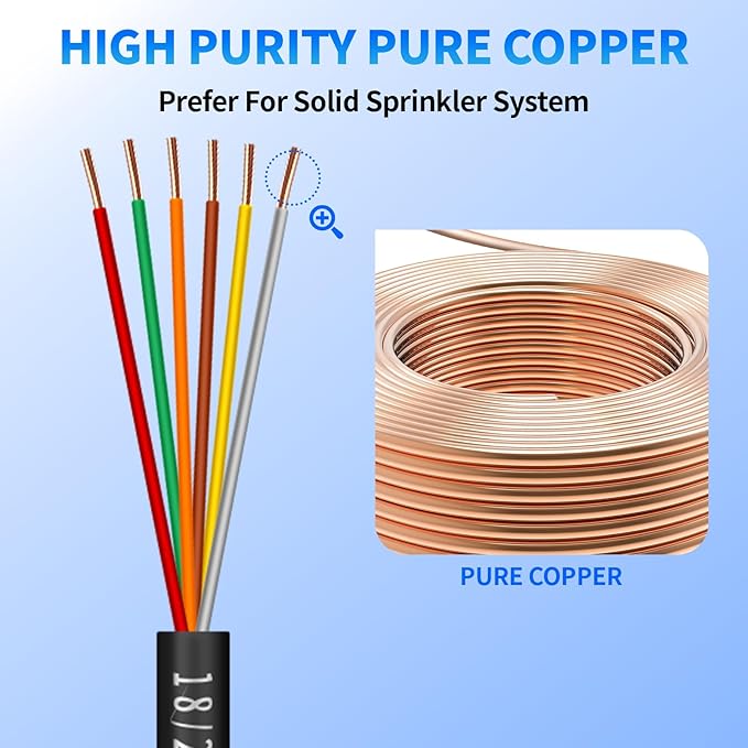 18/6 Solid Sprinkler System Wire 100ft, 18 Gauge Irrigation Wires PVC Jacket Sprinkler Cable for Underground Irrigation Valves Field Central Control System