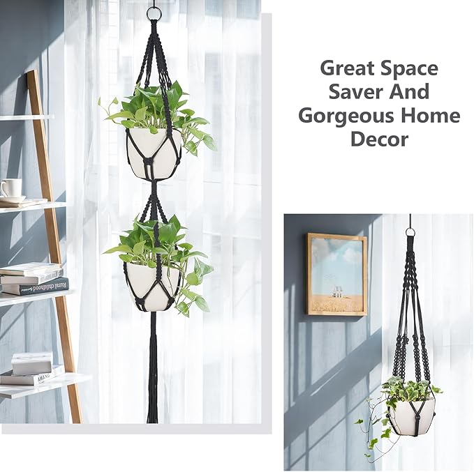 Mkono Macrame Plant Hangers, 5 Pack Different Tiers Indoor Hanging Planters Basket with 5 Hooks Decorative Flower Pots Holder Stand Boho Home Decor, Black