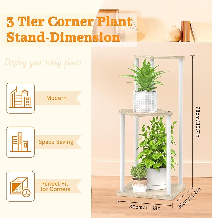 3 Tier Plant Stand Indoor Outdoor, Metal Wood Tiered Corner Plant Stands Pot Holder, Wood Flower Shelf Display Rack for Living Room Bedroom Balcony Garden Patio, White (3 tier)