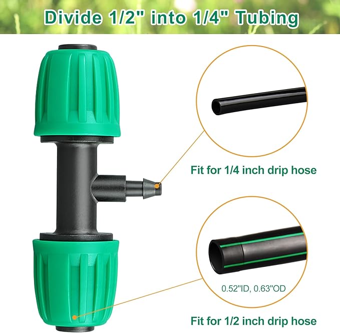 JAYEE Drip Irrigation Fittings, 15 Pcs Lock Barbed Tee for 1/2 to 1/4 Inch Vinyl Tubing, Drip Line Parts 3-Way Tees Irrigation Connectors for Drip Sprinkler Garden Lawn Systems, Green