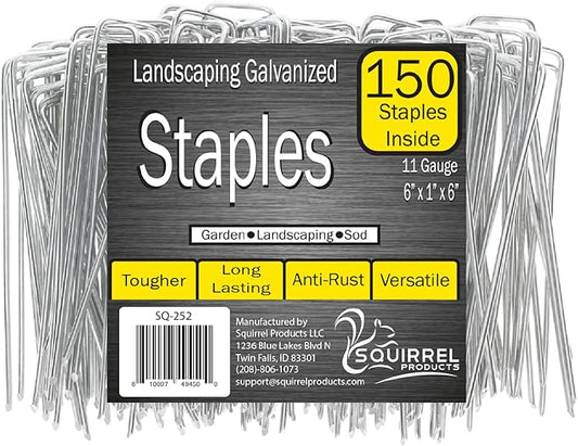 Squirrel Products U Shape Garden Stakes Metal, 6 Inch Landscaping Staples, 11 Gauge Stakes for Landscaping Fabric, 2.9mm 15x2.5x15cm – 150 Pack