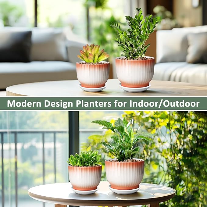 6.7 + 5.5 Inch Plant Pot, Ceramic Planter with Drainage and Saucer, Ceramic Pots for Plants, Indoor Plant pots,Ceramic Flower pots（Orange + White, Plants NOT Included）