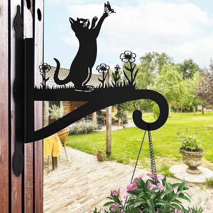 Plant Hangers Outdoor Iron Heavy Duty Ornamental Cat Silhouette Wall Mounted Hanging Plant Bracket for Flower Pot Lantern Bird Feeder Wind Chimes Christmas Decoration