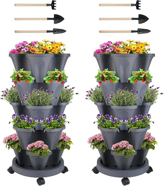 Vertical Planter 5 Tier Stackable Planters Garden Planters Strawberry Herb Flower and Vegetable Planter Indoor Outdoor Gardening Pots with Removable Wheels and Tools