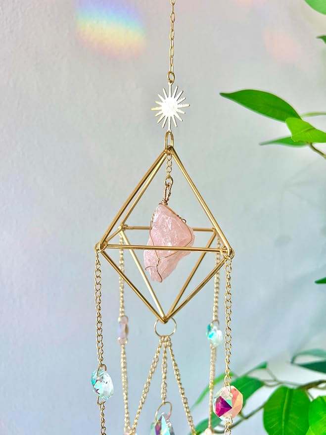 Crystal Suncatcher Rose Quartz, Spiritual, Sun Catcher Hanging for Windows, Rainbow Maker, Crystal Indoor Garden Home Decor, Natural Gemstone Boho Decor (Rose Quartz)