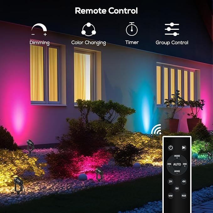 SUNTHIN Outdoor Landscape Lighting with Remote, RGBW Color Changing Spot Uplights, IP65 Waterproof & Connectable, 10 Pack