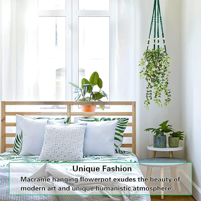Augshy Macrame Plant Hangers Dark Green Hanging Planters for Indoor Outdoor Home Decor, Hanging Plant Holder No Tassels Set of 2 with 4 Hooks