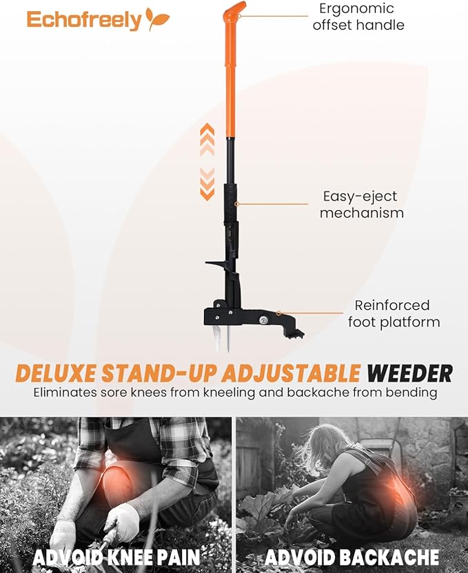 4-Claw Stand Up Weed Puller Tool, 32″to 42 ″ Length Adjustable Weeder,Easy-Eject Design,35% Easier Stronger Foot Platform, No Need Bending or Kneeling, Easily Remove Weeds