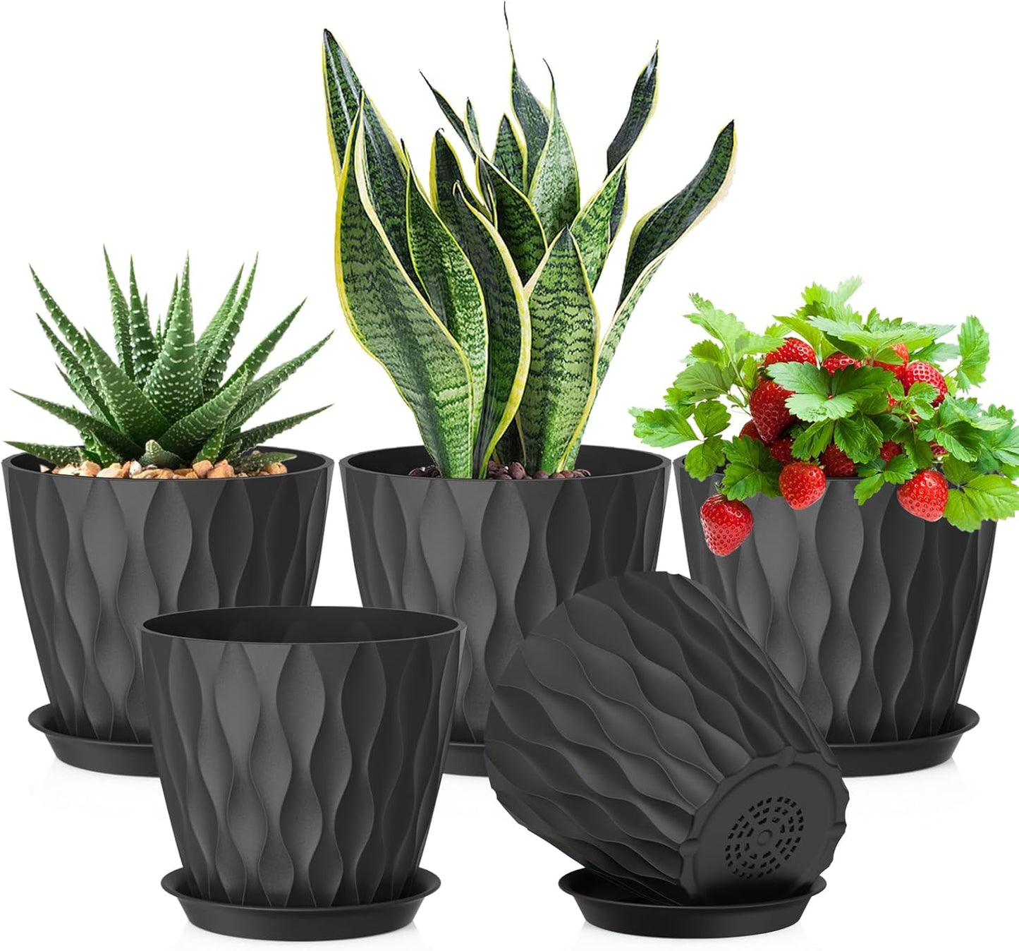 7 inch Plant Pots for Indoor Outdoor Plants, 5 Pack Thick Nursery Pots with Drainage Holes and Saucers, 3D Modern Wave Texture Plastic Planter Pots for Flowers and House Plants, Black