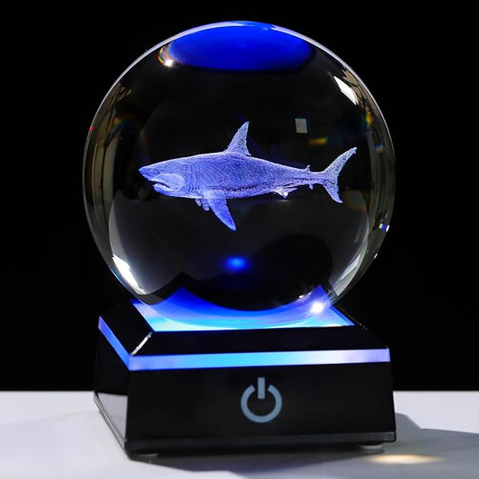 Shark Gifts for Women Men 3D Crystal Ball 3.14'' - Laser Shark Decor Glass Animals Figurines Statue Stuff for Room Night Light Shark Gifts for Mom