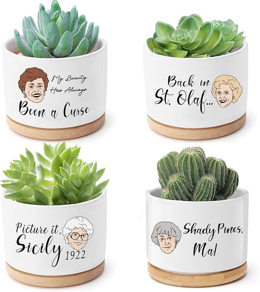 Funny Succulent Pots Set of 4 - Golden Inspired Merchandise Ceramic Mini Plant Pot with Bamboo Tray, Cute Planter for Indoor Decorations, Gifts for Women