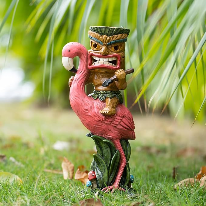 Solar Tiki Statue - Outdoor Statue - Solar Powered Garden Figurine Tiki Decoration for Bar, Patio, Balcony, Yard, Lawn, Table, Riding a Flamingo 13.66 Inches Tall