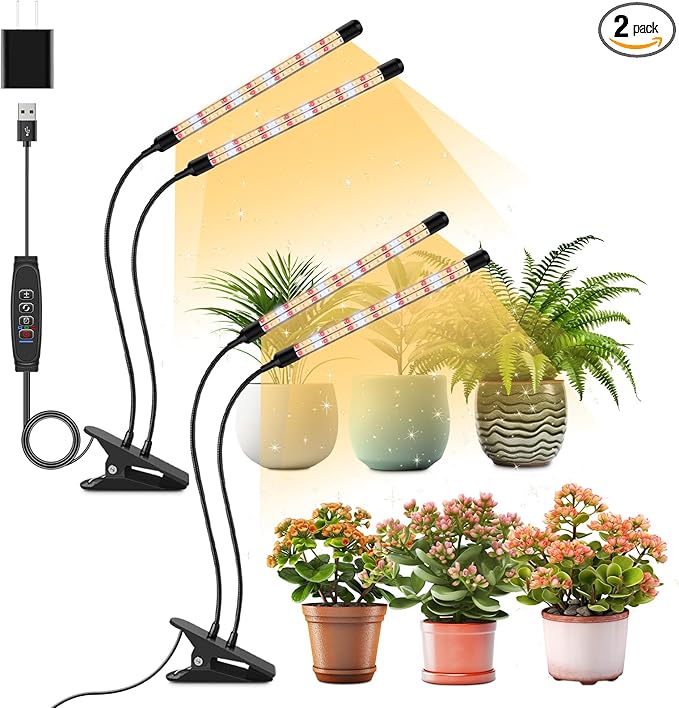 2 Heads Clip Grow Light with V-Shaped Design, Full Spectrum Grow Lights for Indoor Plants, Adjustable 360° Gooseneck Grow Lamp, 3/9/12H Timer & 10 Dimming Levels for Seed Starting(2 Pack)