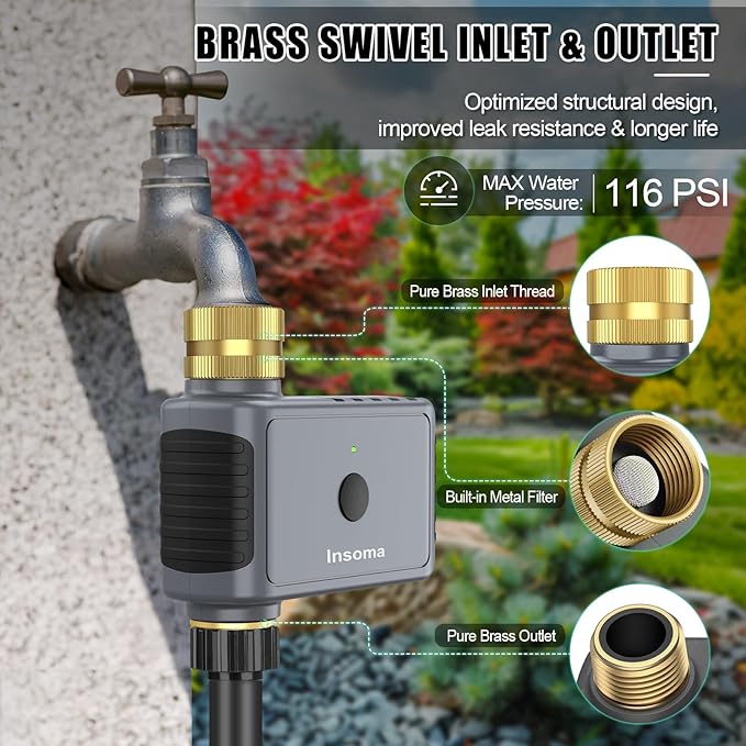 WiFi Hose Timer Brass Inlet & Outlet, Smart Sprinkler Timer with WiFi Hub, WiFi Water Timer for Garden Hose, APP & Voice Control, Smart Hose Faucet Timer for Lawns Yard Work with Alexa & Google Home