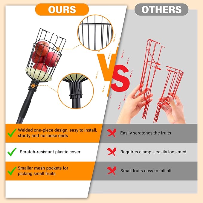 Fruit Picker Pole Tool with Basket, 7.3 FT (88 Inch) Adjustable Fruit Grabber Reacher Tool Long Handle Fruit Catcher for Apple Lemon Pear Citrus Mango Tree Gardening Supplies, Black