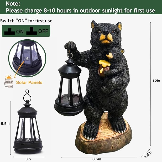 Garden Statues Bear with Solar Lantern, Outdoor Bear Figurines Decorations for Patio Yard Lawn Ornaments, Gifts for Mom/Grandma Birthday Housewarming