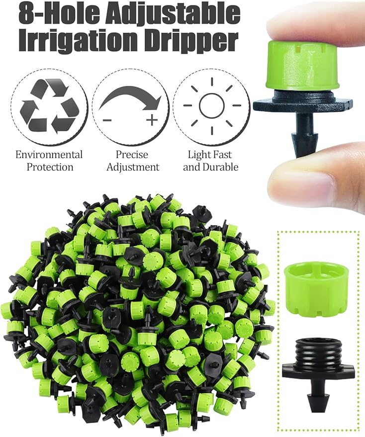 Kalolary 400Pcs Adjustable Irrigation Drippers Parts, 1/4 Inch Automatic Irrigation Anti-Clogging Emitters Micro Ffittings for 4mm/7mm Watering System Drippers Garden Supplies(Green)