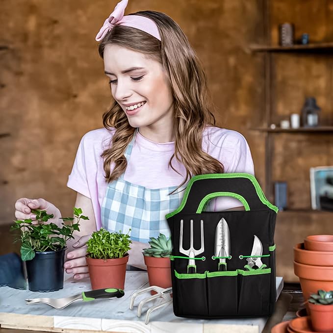 Gardening Tool Set, 8 Piece Garden Tools Set with Bag, Heavy Duty Stainless Steel Garden Tools Set Kit, Outdoor Hand Tools, Ideal Garden Tool Kit Gifts for Women Green