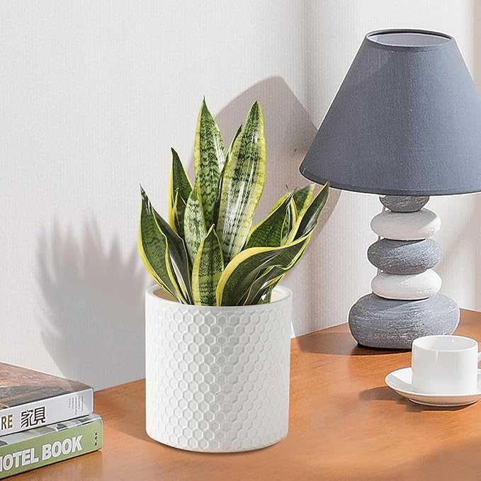 Docrin Ceramic Planters Indoor: 8 Inch Plant Pot with Drainage Holes for Home/Office - White Honeycomb