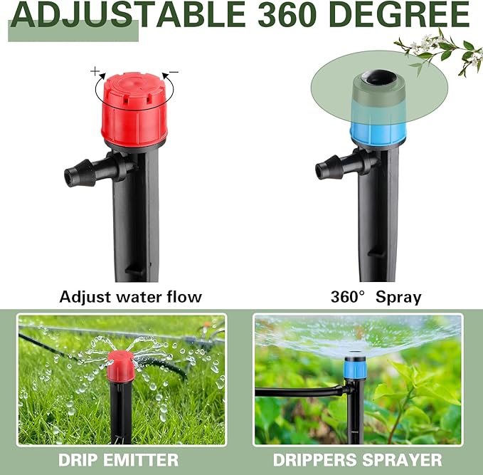 32 Pcs Drip Irrigation Emitters Drip Emitters for 1/4 Inch Tubing Irrigation Drippers Sprayer Adjustable 360 Degree Water Flow Drip for Garden Lawn Flower Bed Irrigation System (Red and Blue)