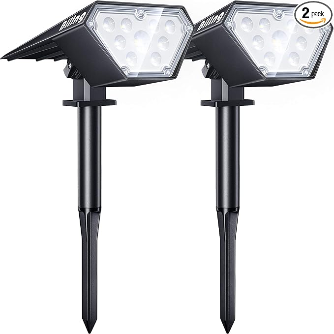 Biling Solar Spot Lights Outdoor, 2-in-1 Solar Landscape Lights with 12 LED Bulbs - Solar Powered, Adjustable Wall Lights for Patio, Pathway, Yard, Garden, Driveway, Pool - White (2pack)