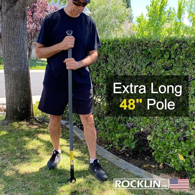 Rocklin Stand Up Weed Puller Tool - 4 Claw Steel Head - 48 inch Handle - 100% Metal - Easily Remove Weeds Without Bending or Kneeling