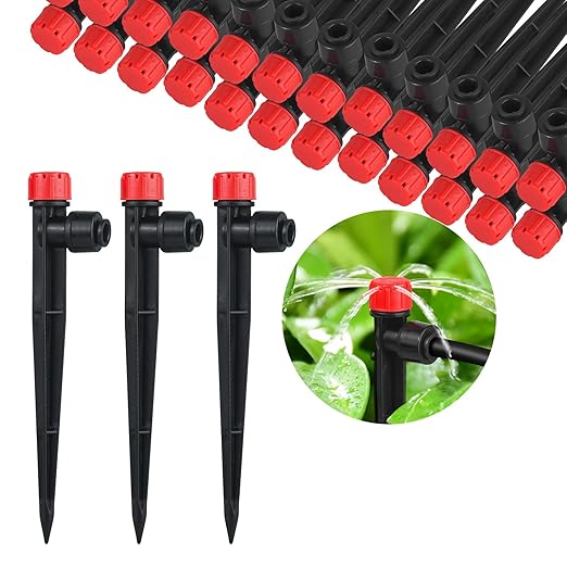 60 Pcs Drip Irrigation Emitters for 1/4'' Irrigation Tubing, Adjustable Water Flow Dripper Irrigation Drip Heads with Stake for Flower Plant (Red)