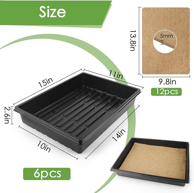 6Pack Microgreens Growing Trays with 12Pcs Plant Hemp Fiber Grow Mat, 15 x 11 x 2.5 Inch Garden Seed Starter Trays Kit, Microgreens Growing Kit for Seedlings, Growing Microgreens, Indoor Gardening