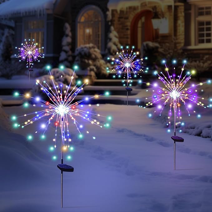 Solar Garden Firework Lights Outdoor Waterproof 4 Pack 120 LED Sparklers Solar Lights for Outside Patio Backyard Yard Pathway Walkway Decorations (Colorful)