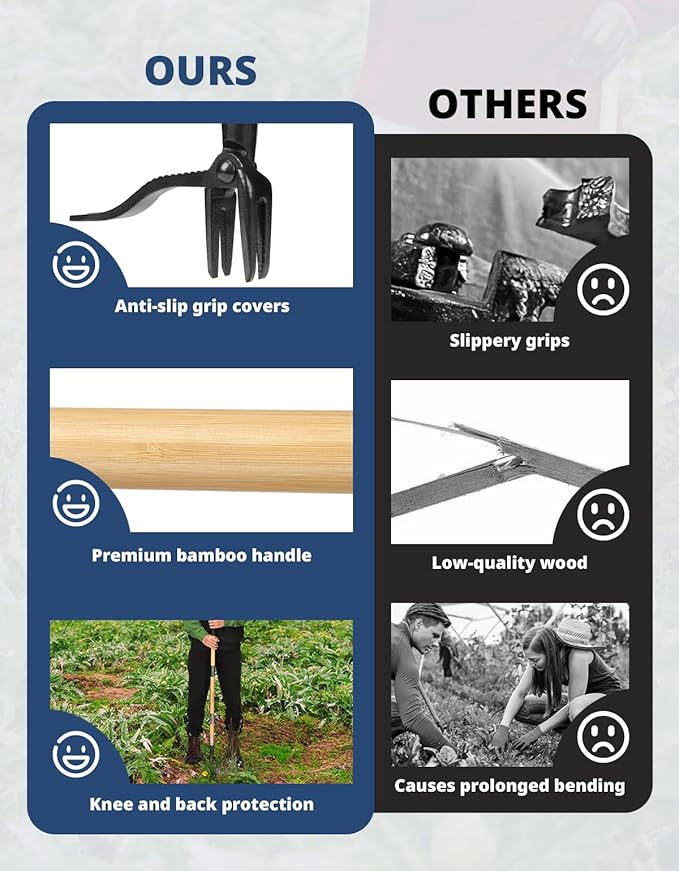 DEERFAMY Stand Up Weed Puller Tool with Long Handle, Manual Weeder with 3-Section Bamboo Construction & 4-Claw Steel Head Design, Gardening Hand Tool for Easy Weed Removal