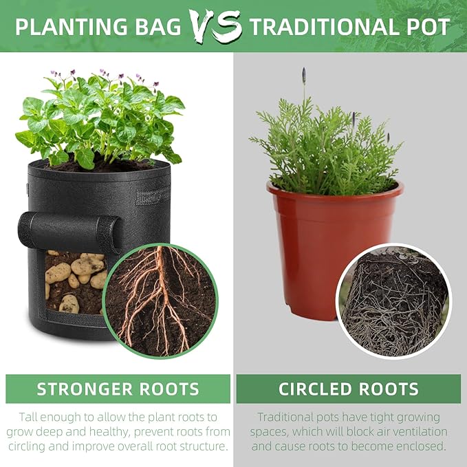 6 Pack 5 Gallon Potato Grow Bags, Heavy Duty Nonwoven Fabric Garden Planting Bag Plant Container with Flap and Handles, Aeration Fabric Pots for Growing Vegetable, Fruits and Flowers