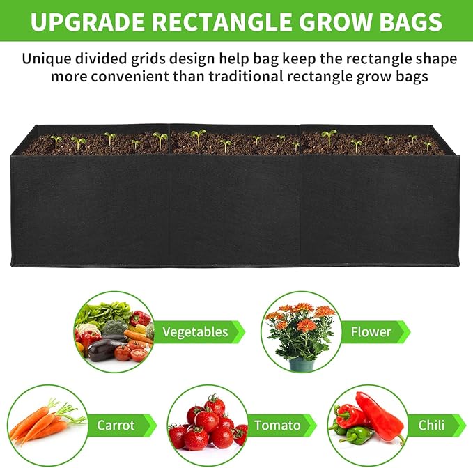 ANGELIOX 2Pcs Grow Bags, 3-Grids Rectangle Grow Bag,14 Gallon Thickened 400G Fabric Garden Bed, Nonwoven Square Flower Planter Containers for Flowers,Vegetable,Fruit, Growing Pots with Handles