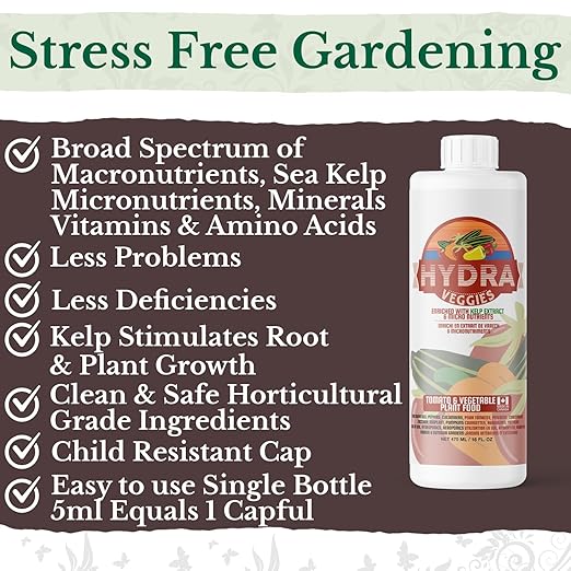 HydraVeggies Tomato & Vegetable Garden Fertilizer - with Sea Kelp to Stimulate Root & Fruit Growth - All Purpose Liquid Plant Food Nutrient For Indoor and Outdoor Gardens & Hydroponics NPK 2-6-4 16 oz
