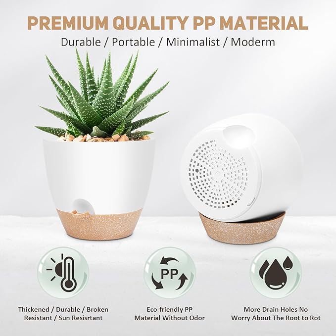 12 Inch Large Self Watering Plant Pot Set, Flower Pots with Multi-Mesh Drainage Holes and Saucer, Suitable for Indoor and Outdoor Garden Plants, White.