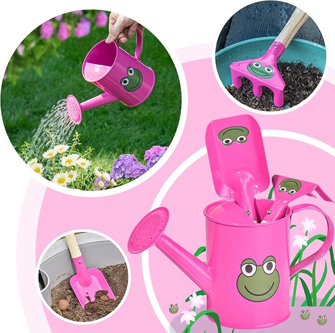 Sungmor Small Watering Can Set Cute Little Gardener Kit | Package Includes 3PC Rose Red Frog Watering Can & Trowel & Rake Gardening Hand Tools | Perfect for Garden,Yard or Beach