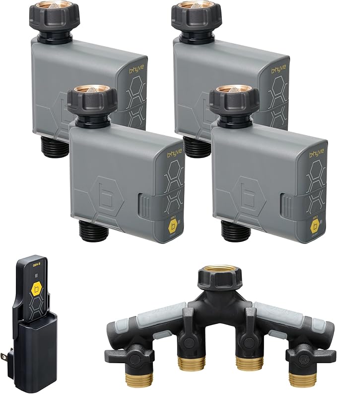 Orbit 21207 B-hyve Gen 2 Smart Hose Watering Timer, 4-Pack with Wi-Fi Hub and 4-Port Manifold