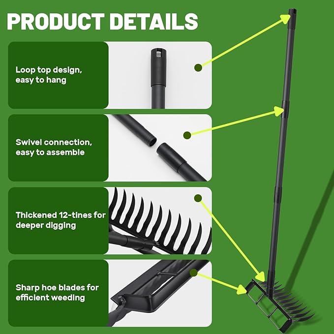 Stirrup Hula Garden Hoe with 12 Tines Rake, 2 in 1 Yard Weed Puller Gardening Weeding Tools, Garden Tiller Cultivator with 76" Adjustable Handle for Garden Weeding,Seeding,Ditching,Loosening Soil