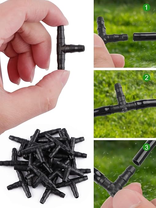 Kalolary 500Pcs Barbed Tee Irrigation Fittings, 1/4 Inch Tube Universal Drip Irrigation Connector Compatible with Watering Systems, 4/7mm Hose Automatic Irrigation Adapter