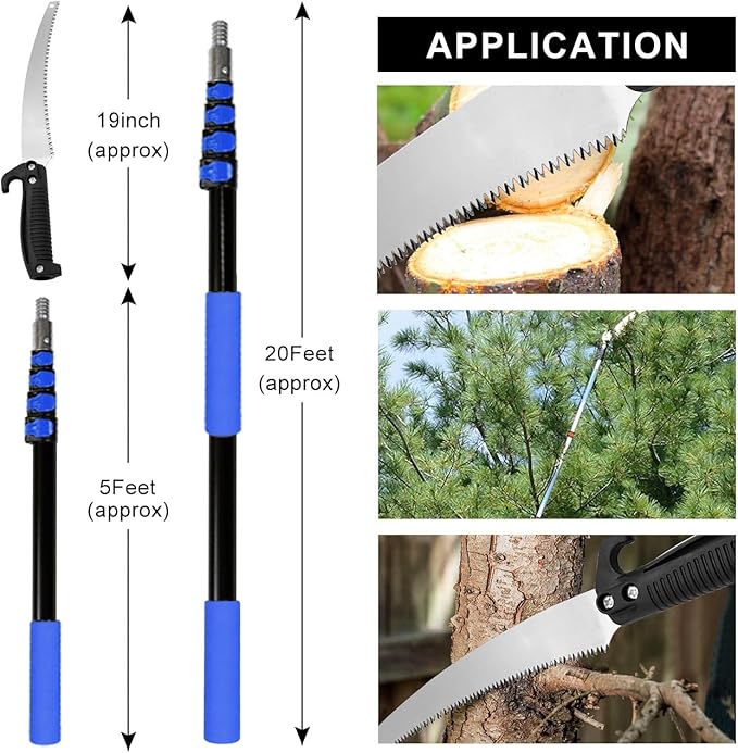Buyplus 26FT Reach Pole Saws for Tree Trimming, Pole Saw with 5-20FT Telescoping Extension Pole, Pruning Saw with 19" 3X Detachable Saw, Non-Slip Handle, Tree Trimmer for Garden Palms Shrubs(Blue)
