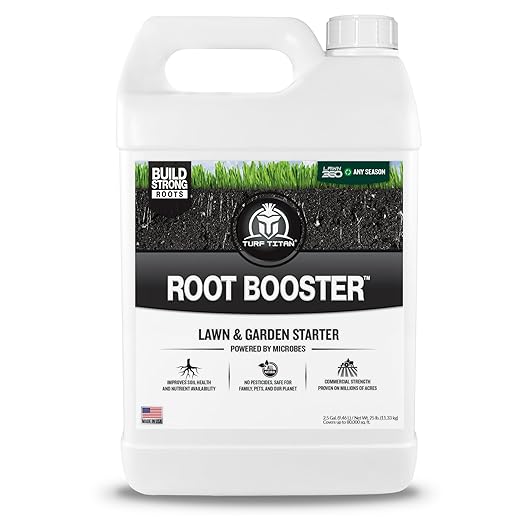 Turf Titan Root Booster - Made in USA, Soil Conditioner and Probiotic and Micronutrient Booster for All Lawn, Plants, Flowers, Trees, Shrubs, Better and Richer Garden Soil, Lawn Care - 2.5 Gallon