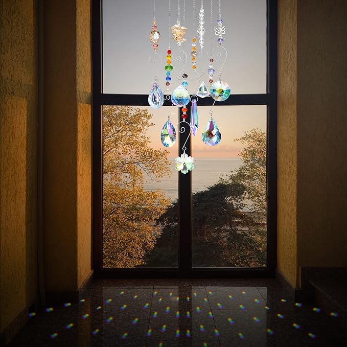 Crystal Suncatchers, RIFNY Hanging Crystals Ornament Sun Catcher with Chain, 9 Pack Glass Beads Ball Prisms Pendant Rainbow Maker for Window Home Office Garden Decoration