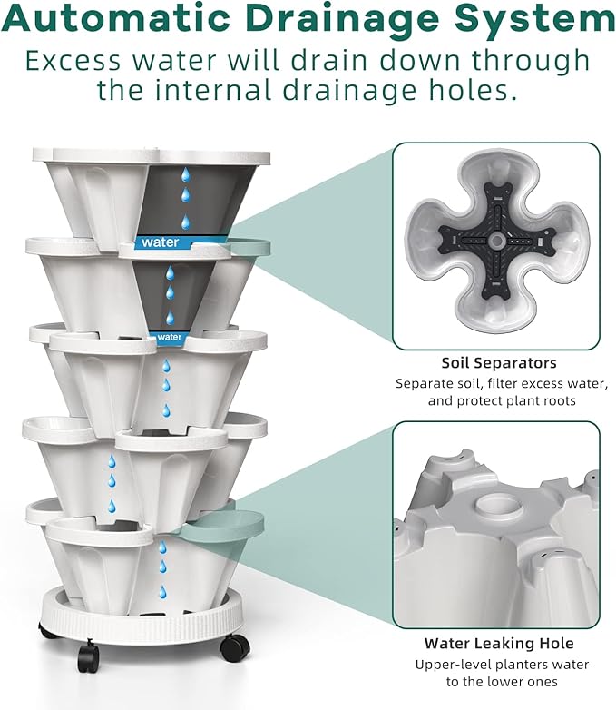 6 Tiered Strawberry Vertical Planters 2 Pack, Stacking Tower Garden with Support Pole, Stackable Herb Vegetable Planter Indoor Outdoor White
