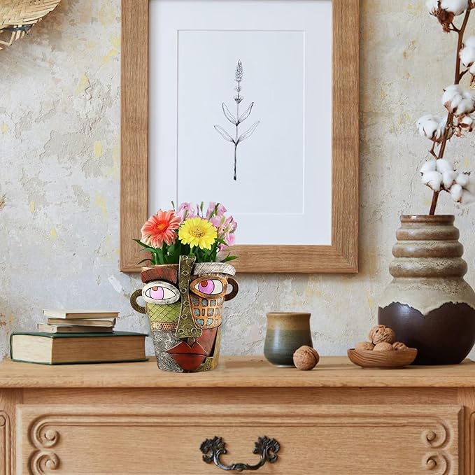 TOZLU Picasso Brutalist Abstract Beauty Face Flower Pot Ornaments Abstract Face Flower Pots Abstract Head Planter Pots Container Colorful Face Art Abstract Resin Flower Pot (Retro Big)