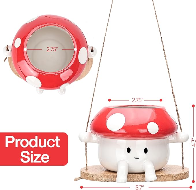 Fungi Fun Mushroom Swing Face Planter Pot, Hanging Ceramic Flower Head Planters for Indoor Outdoor Plants, Succulent Pots for String of Pearls Plant, Live Gift Ideas