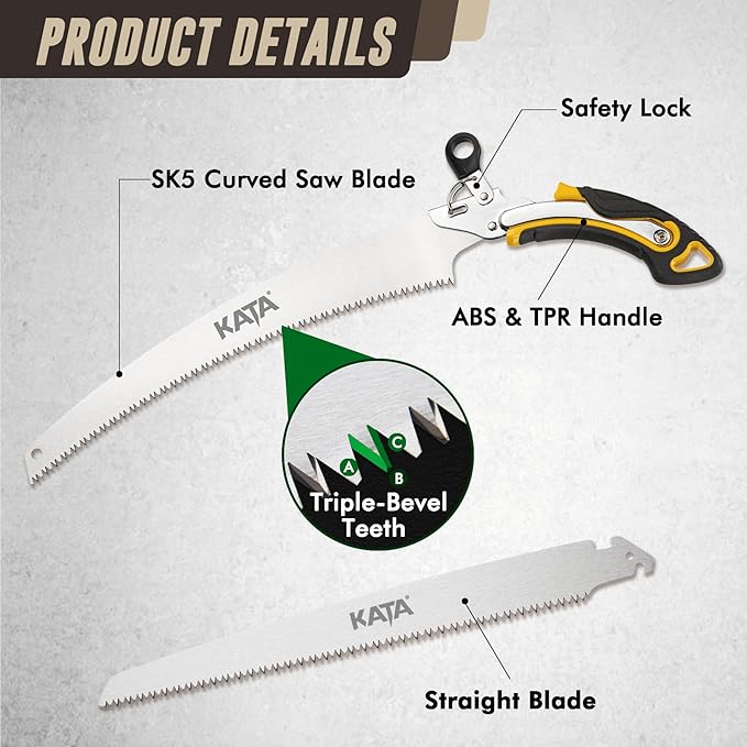 KATA 13.7 Inch Hand Pruning Saw Set, SK5 Curved and Straight Saw Blade in Oxford Safety Sheath, Survial Camping Hand Saw for Tree Trimming, Gardening, Wood Cutting