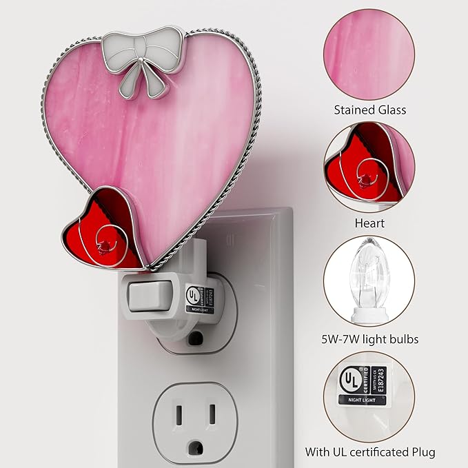KY&BOSAM Plug in Pink Heart Night Light Stained Glass Nightlight Decorative Wall Night lights with On/Off Switch Come with 7 Watt Bulb Mother`s Christmas Valentine`s Holiday Spring & Winter Home Decor