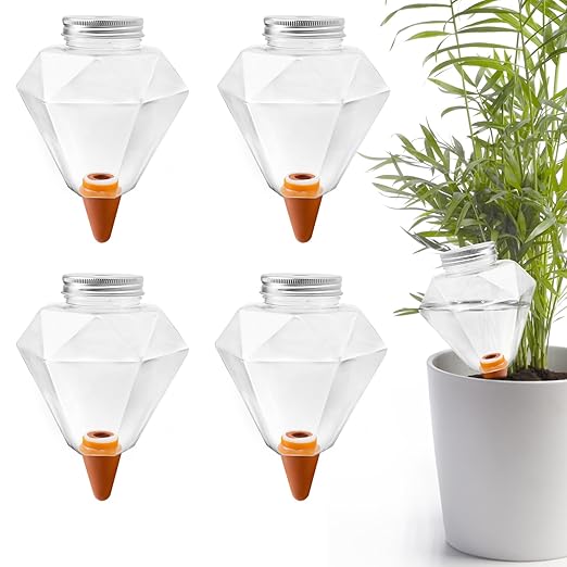 Watering Globes XL- 4 Pcs Diamond Plastic Shape Plant Watering Globes Self Watering Planter Insert 17oz Large for Indoor＆Outdoor Plants Watering Bulbs