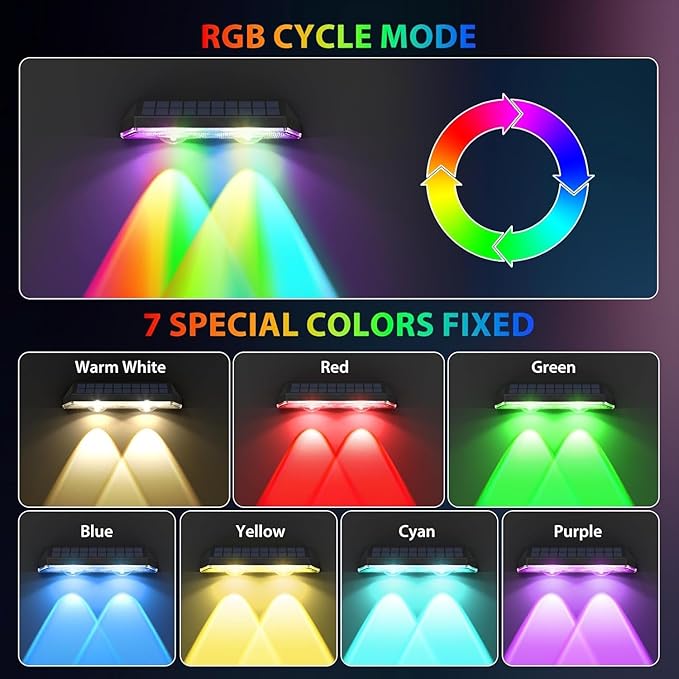 Solar Fence Lights ,RGB & Warm White & 6 Colors Bright Lens LED Dusk to Dawn Deck Light, Fence Solar Lights Outdoor Waterproof, Solar Outdoor Lights for Backyard/Railing/Wall/Step/Patio/Pool (12Pack)